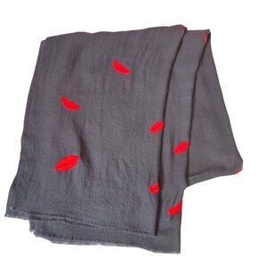 Janavi Gray 100% Merino Wool Shawl With Red Lip Embroidery